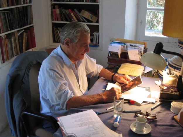 Patrick Leigh Fermor working at his home studio on 3 October 2004, then aged 89. Kardamyli. by Sean Deany Copyright 2012