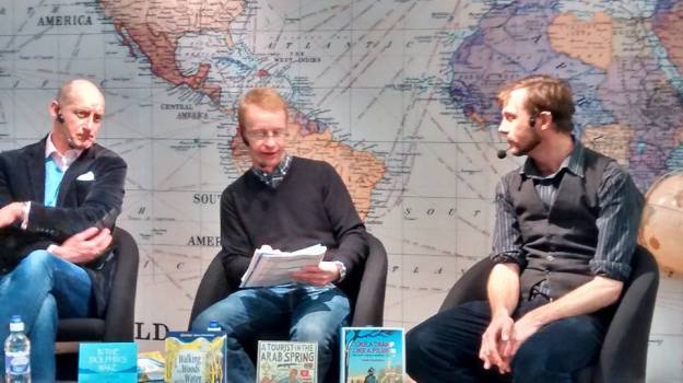 Harry Bucknall, Tom Cheshyre, and and Nick Hunt at the Stanford's Travel Writing Festival