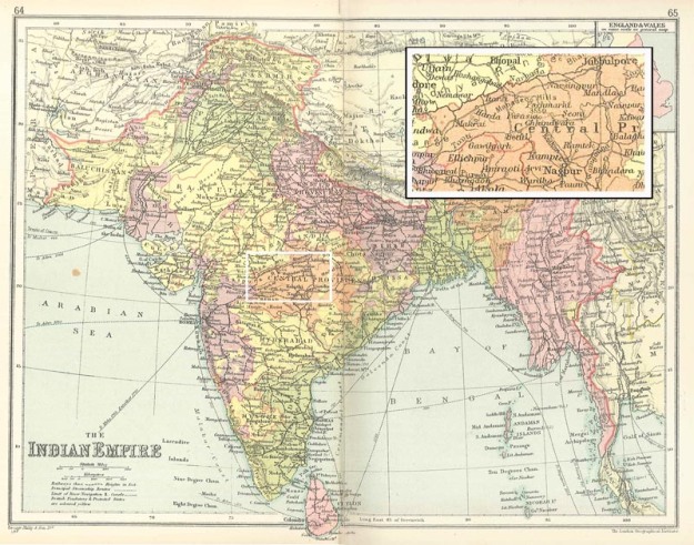 Map showing the area of India in which Fermor travelled during his first two field work seasons. [George Philip FRGS (ed.), Philips’ Record Atlas, London: The London Geographical Institute, 1934.] 